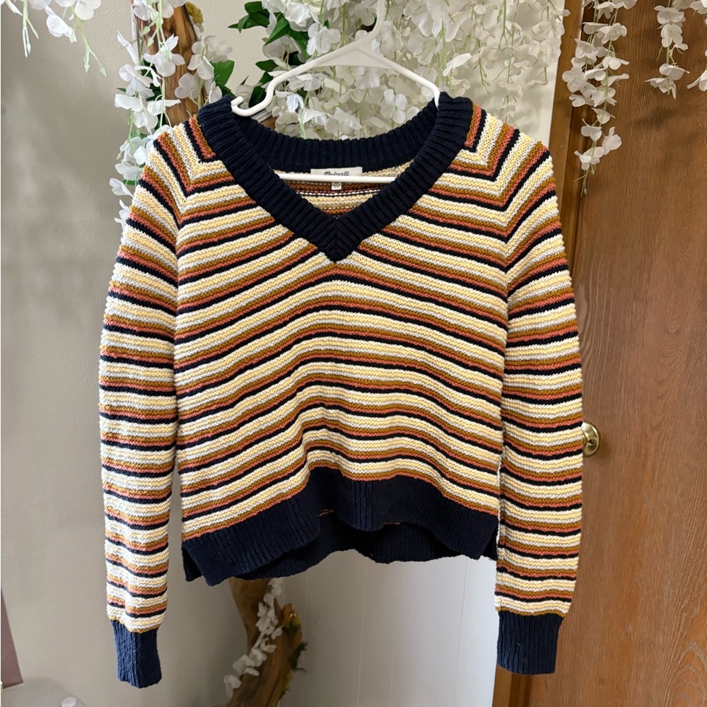 Madewell Arden V-Neck Striped Sweater - Navy, Cream, Brown - 100% Cotton - Picture 2 of 7